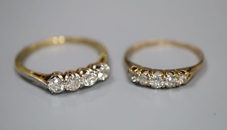 An early 20th century 18ct and plat, four stone diamond ring, size O and a yellow metal and graduated five stone diamond ring